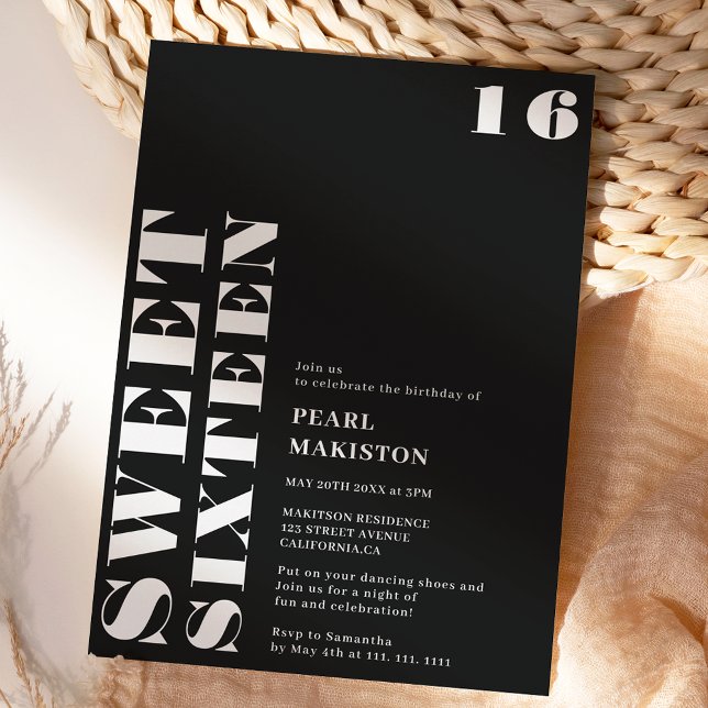Bold simple white black sweet 16 birthday invitation (Bold simple white black sweet 16 birthday invitation)