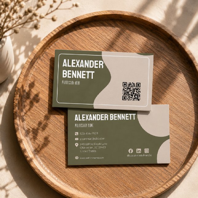 Bold Simplicity Green & Cream Scannable Qrcode  Business Card (Creator Uploaded)