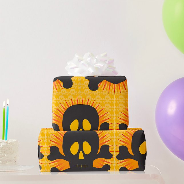 Bold Skull and Crossbones with Orange Burst Wrapping Paper (Creator Uploaded)