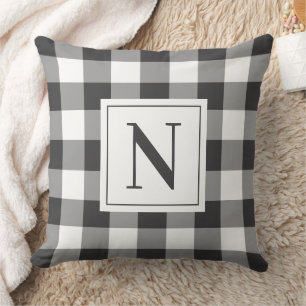 Bold Soft Black Gingham Check Monogram Initial Cushion