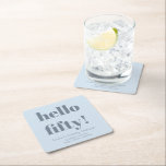 Bold Soft Blue Modern 50th Birthday Custom Square Paper Coaster<br><div class="desc">This personalized coaster design features a soft icy blue background with a bold “hello fifty” message and custom celebration details. Designed for milestone birthday parties, it works well for cocktail tables, bar setups, and casual seating areas. The cool dusty blue color coordinates easily with modern party décor. A functional detail...</div>