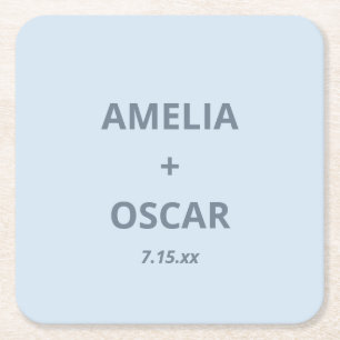 Bold Soft Blue Modern Wedding Names Date Custom Square Paper Coaster