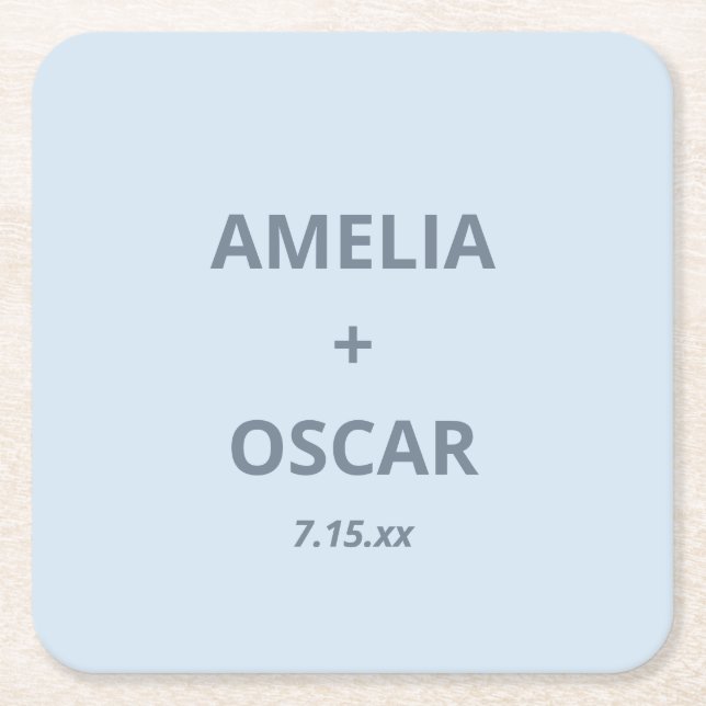 Bold Soft Blue Modern Wedding Names Date Custom Square Paper Coaster (Front)