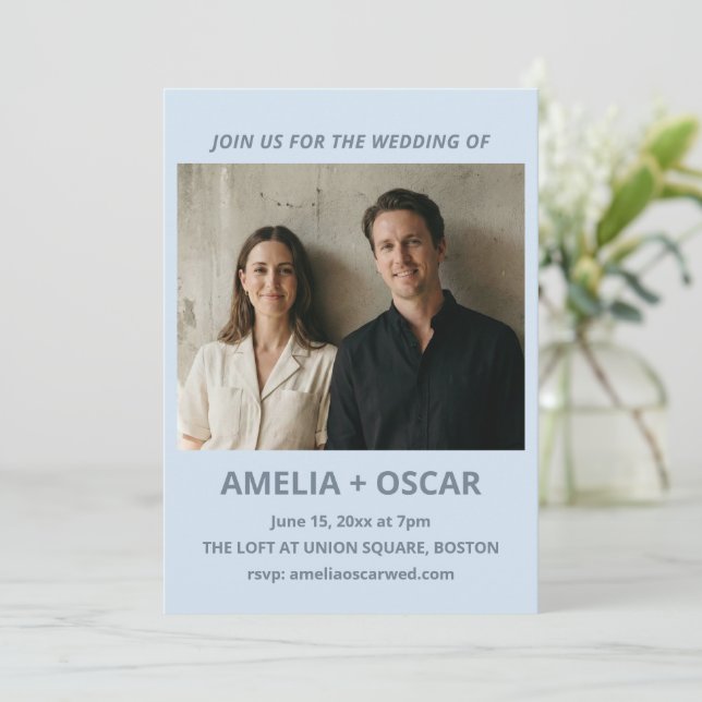 Bold Soft Blue Photo Modern Wedding Typography Invitation (Standing Front)