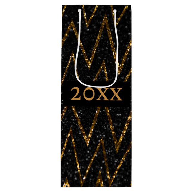 Bold Sparkling Black Gold Chevron Party Packaging Wine Gift Bag (Front)