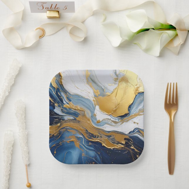 Bold Splash of Gold and Blue Paper Plate (Wedding)