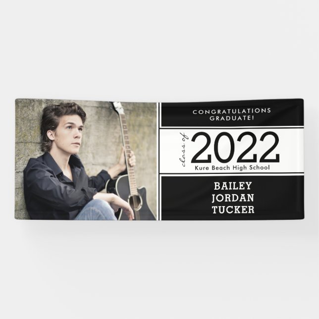 Bold Sporty Black White Photo Graduation Banner (Horizontal)