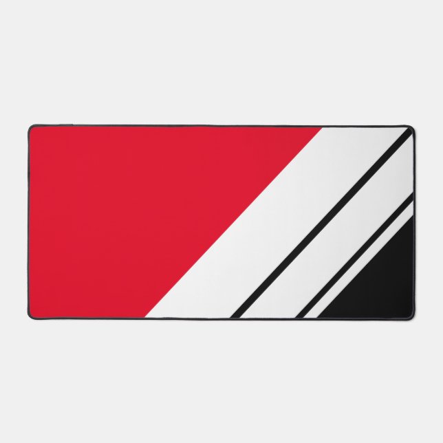 Bold Sporty Bright Red Black White Racing Stripes Desk Mat (Front)