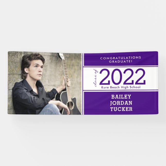 Bold Sporty Dark Purple White Photo Graduation Banner (Horizontal)