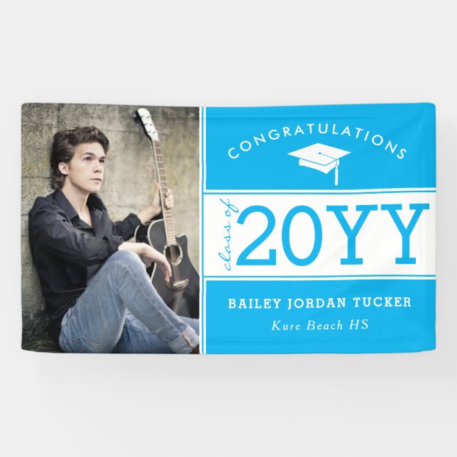 Bold Sporty Sky Blue Photo Graduation Banner (Horizontal)