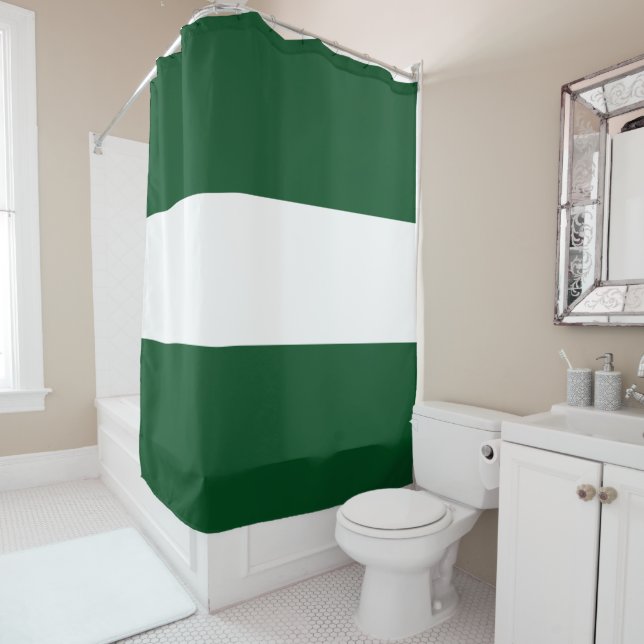 Bold Sporty Wide Deep Camp Green White Stripes Shower Curtain (In Situ)