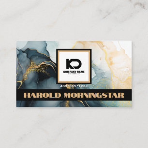 BOLD Square Logo and QR Code Indigo Gold Fluid Ink Business Card