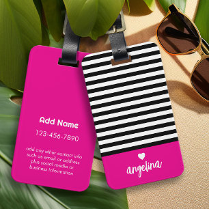 Bold Stripe Pattern - Heart Monogram Hot Pink Luggage Tag