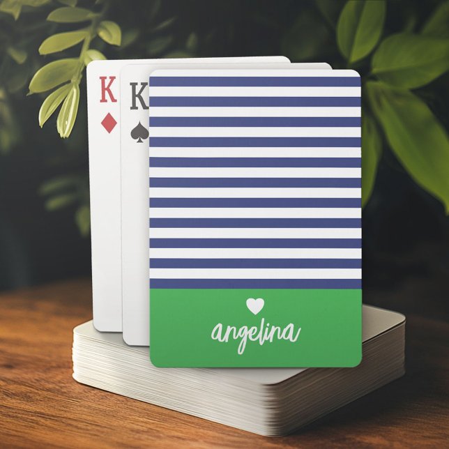 Bold Stripe Pattern - Heart Monogram Navy Green Playing Cards (Custom Playing Cards)
