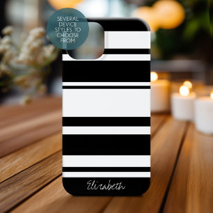Bold Stripe Pattern with Name black and white iPhone 15 Case