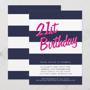 BOLD STRIPED birthday party INVITE navy blue pink