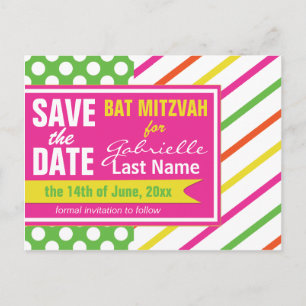 Bold Stripes and Polka Dots Bat Mitzvah Announcement Postcard