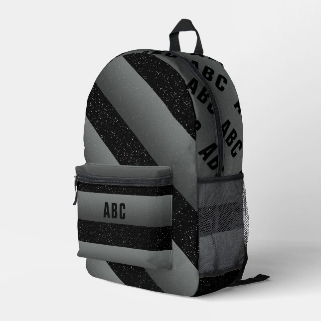Bold Stripes Black White Grey Custom Monogram Printed Backpack (Back Corner Right)