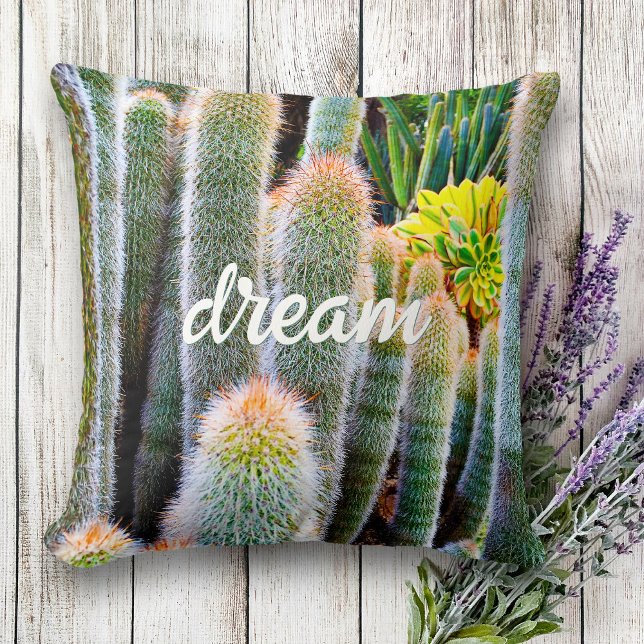 Bold Stylish Green Fuzzy Cacti Photo Dream Script Cushion (Creator Uploaded)