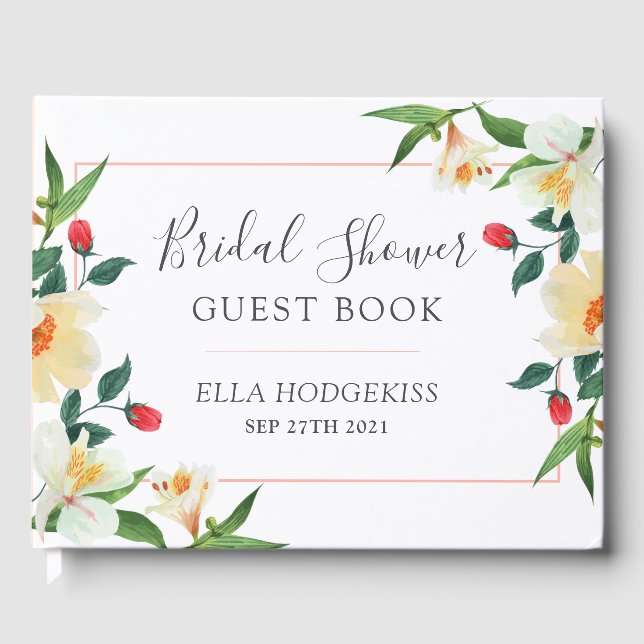 Bold summer flowers red & white floral border guest book (Front)