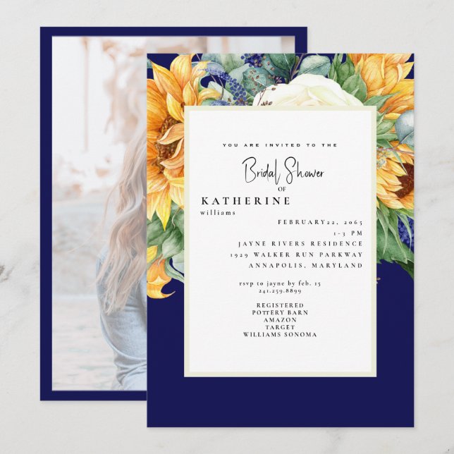 Bold Summer Sunflower Navy Bridal Shower Photo Invitation (Front/Back)