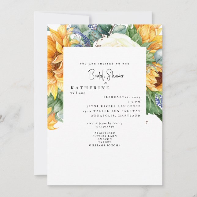 Bold Summer Sunflower White Bridal Shower Photo  Invitation (Front)