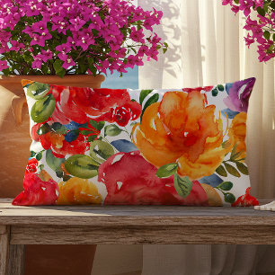 Bold Summer Watercolor Floral Red Orange Purple Lumbar Cushion