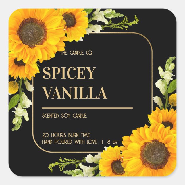 Bold Sunflower Floral Gold Luxury Soy Candle Label (Front)