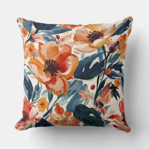 Bold Sunset Blooms Warm Floral Botanical Pattern Cushion