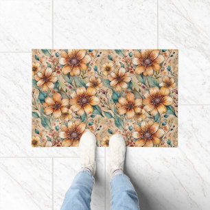 Bold Tan and Teal Flowers Doormat