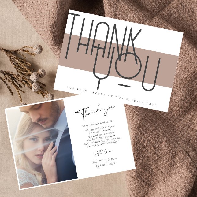 Bold Taupe and Black Typography Photo Wedding Thank You Card (Bold Taupe and Black Typography Photo Wedding Thank You Card)