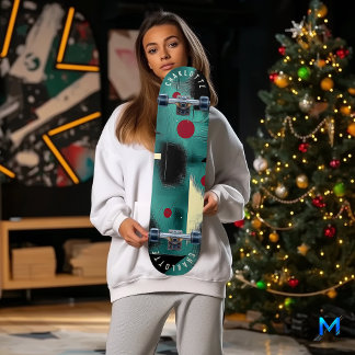 Bold Teal and Red Geometric Abstract Skateboard