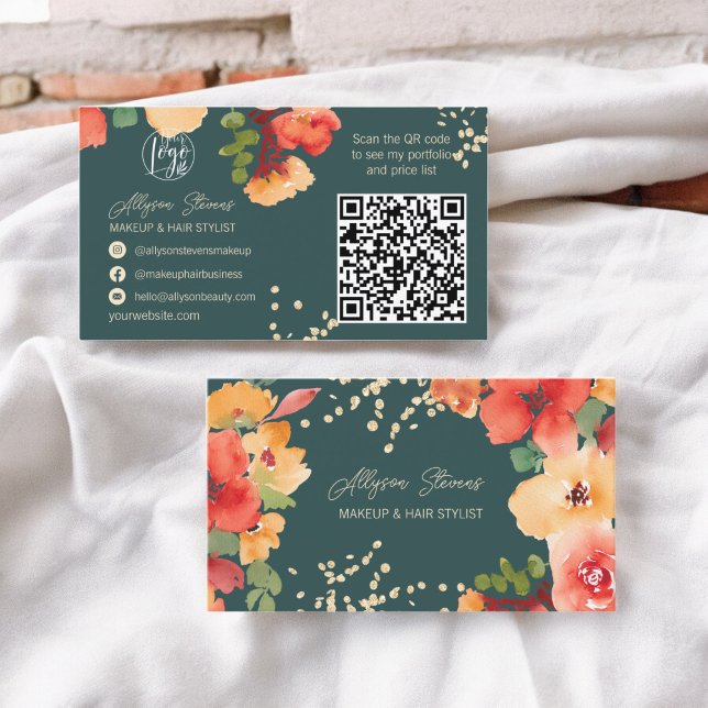 Bold teal floral gold makeup hair logo qr code business card (Bold fall floral gold makeup hair logo qr code business card on teal)