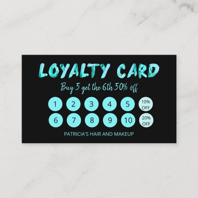 Bold Teal Makeup Artist Hair Salon 10 Loyalty Card (Front)