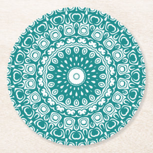 Bold Teal Mandala Pattern Round Paper Coaster