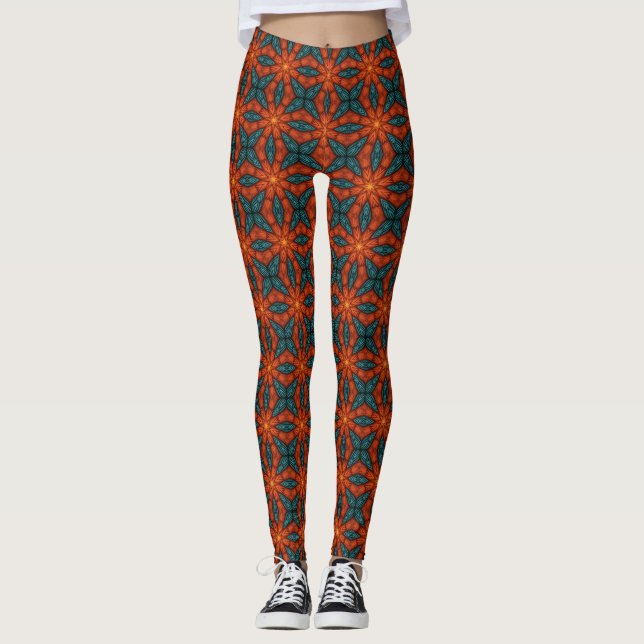 Bold Teal Orange Geometric Starburst Pattern Leggings (Front)
