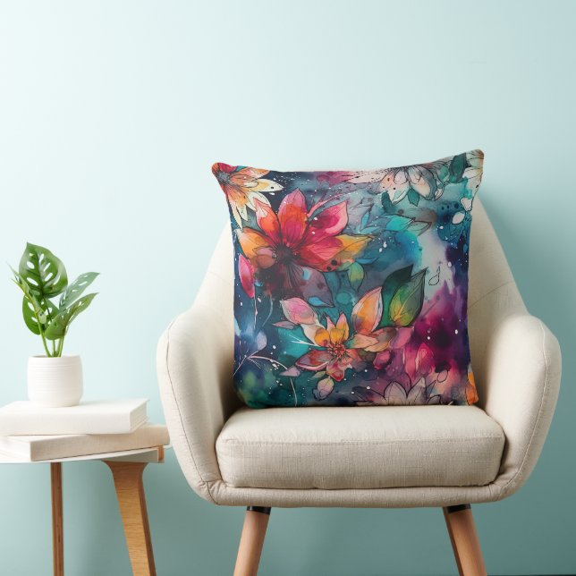 Bold Teal Orange Watercolor Flowers Cushion (Chair)