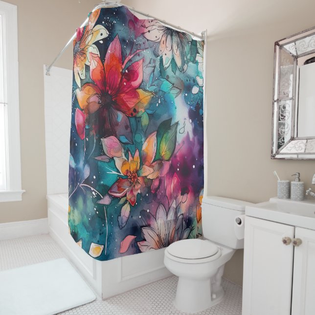 Bold Teal Purple Blue Red Watercolor Flowers Shower Curtain (In Situ)