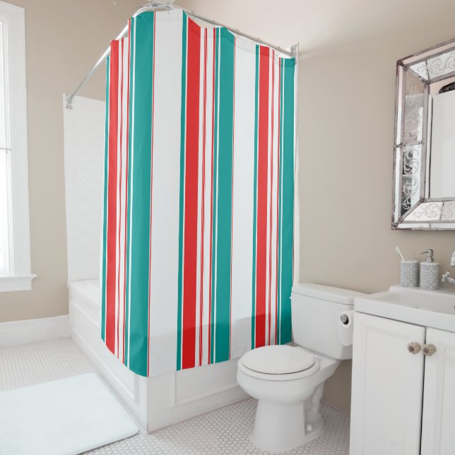 Bold Teal Red Stripe Shower Curtain (In Situ)