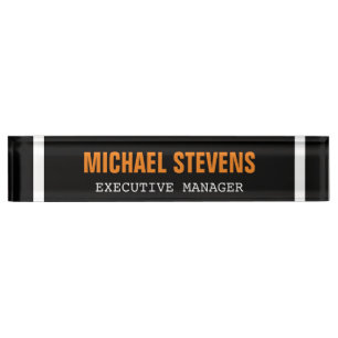 Bold Text Black White Orange Stylish Professional Nameplate