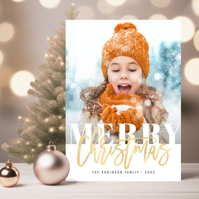 bold text foil merry christmas script holiday postcard (Creator Uploaded)