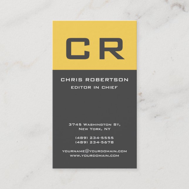 Bold Text Monogram Grey Yellow Modern Minimalist Business Card (Front)