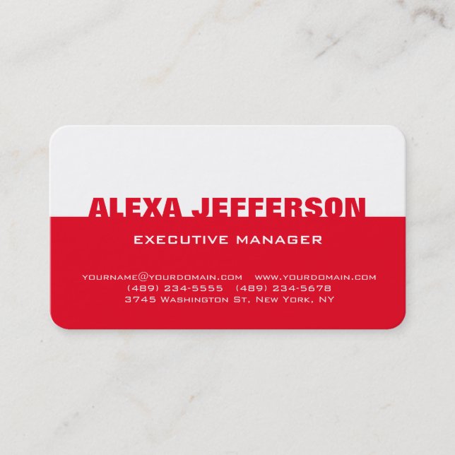 Bold Text Red White Stylish Modern Professional Business Card (Front)
