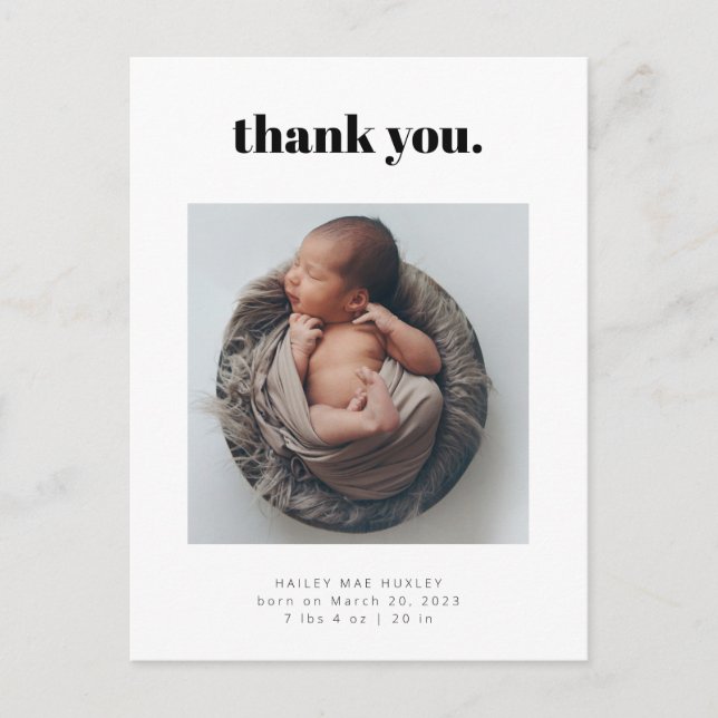 Bold Thank You Baby Photo Birth Announcement Postcard (Front)