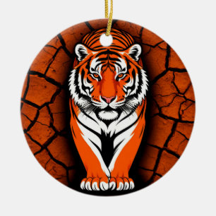Bold Tiger on Cracked Earth Backgroun Ceramic Tree Decoration