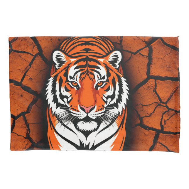 Bold Tiger on Cracked Earth Backgroun Pillowcase (Front)