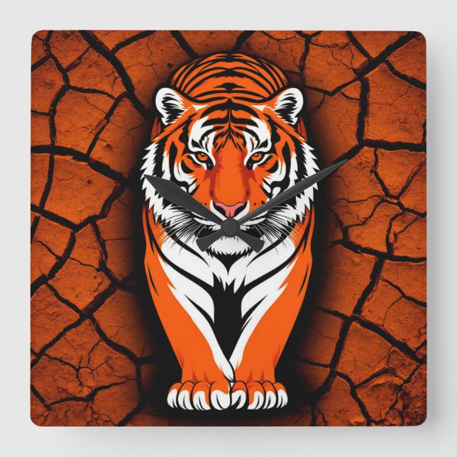 Bold Tiger on Cracked Earth Backgroun Square Wall Clock (Front)