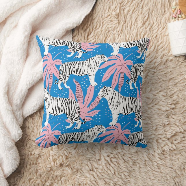 Bold Tiger Pattern in Blue and Pink Cushion (Blanket)