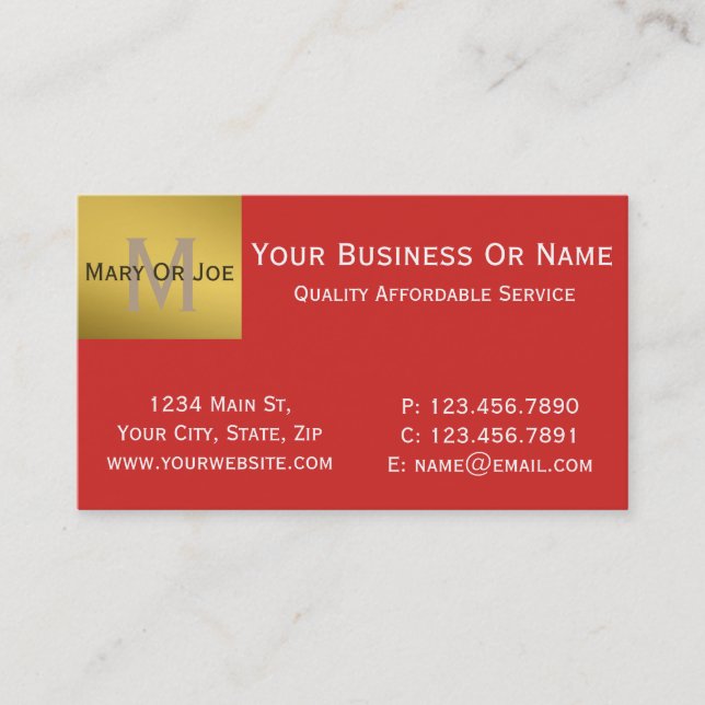 Bold Tomato Red and White Text, Gold Monogrammed Business Card (Front)