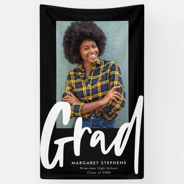 Bold trendy grad black and white graduation banner (Vertical)